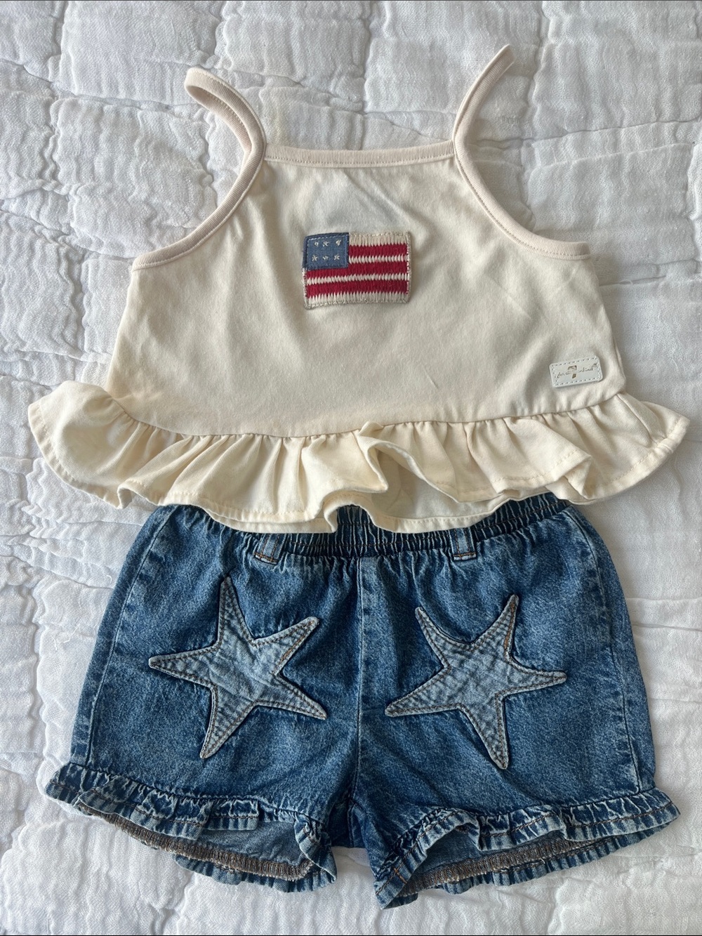 7 For All Mankind Ruffle Tank Top with Flag Patch & Denim Star Shorts, 24 Months